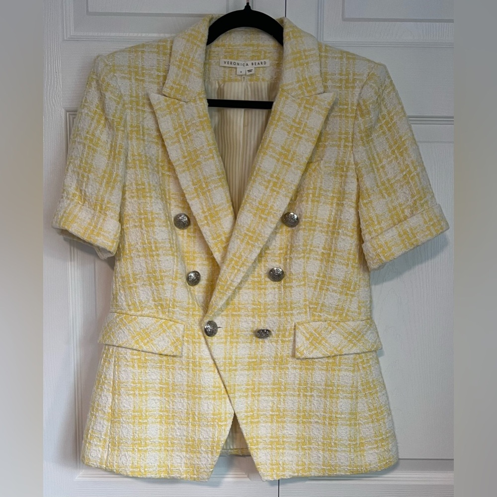 Veronica Beard Jenny Tweed Dickey Jacket in Pale Yellow & White